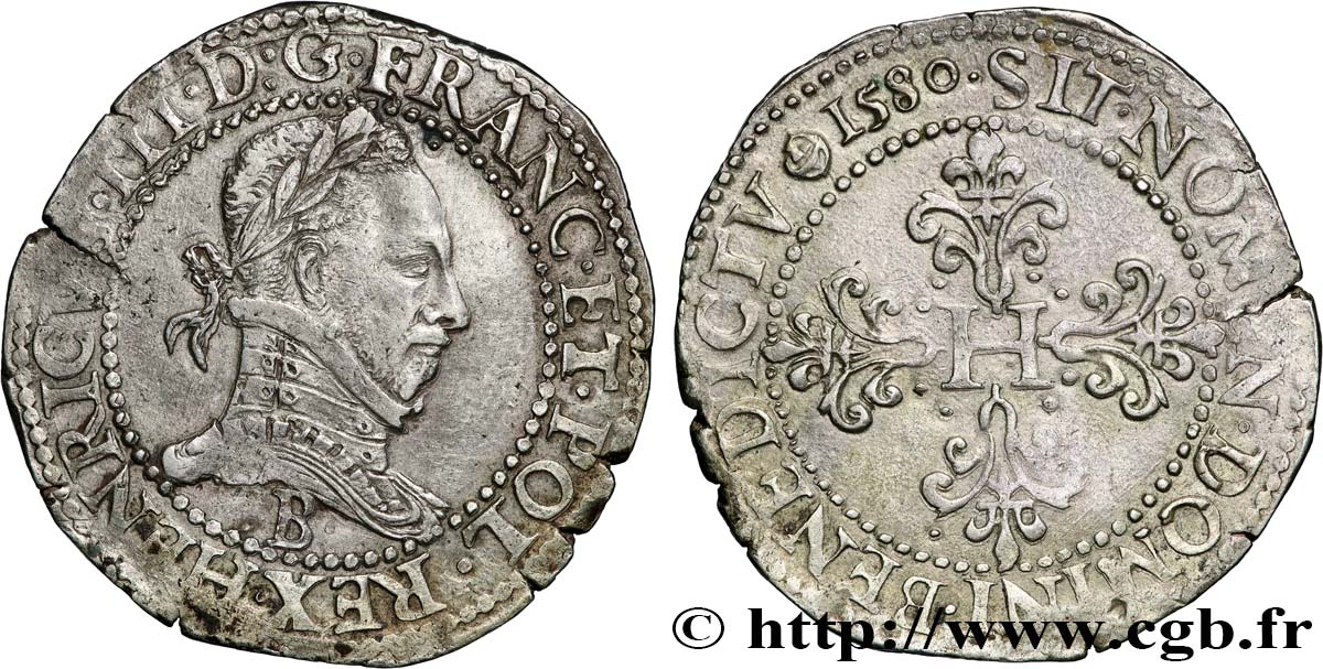 HENRY III Franc au col plat 1580 Rouen VZ/fVZ