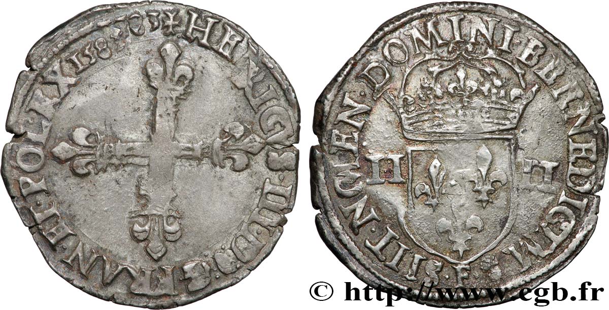 HENRY III Quart d écu, croix de face 1583 Angers XF/AU
