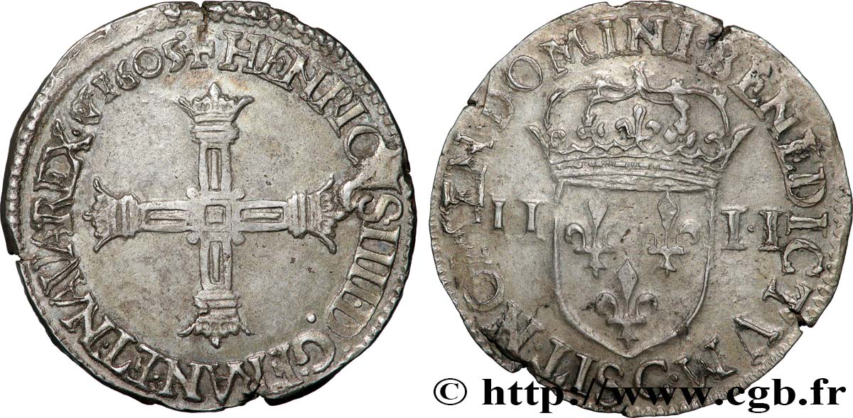 HENRY IV Quart d écu, croix bâtonnée et couronnée de face 1605 Saint-Lô XF