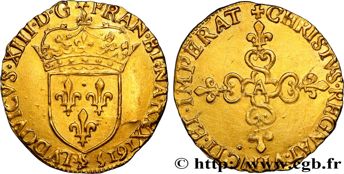 LOUIS XIII  Écu d or au soleil, à la croix anillée fleurdelisée 1615 Paris SS/fVZ