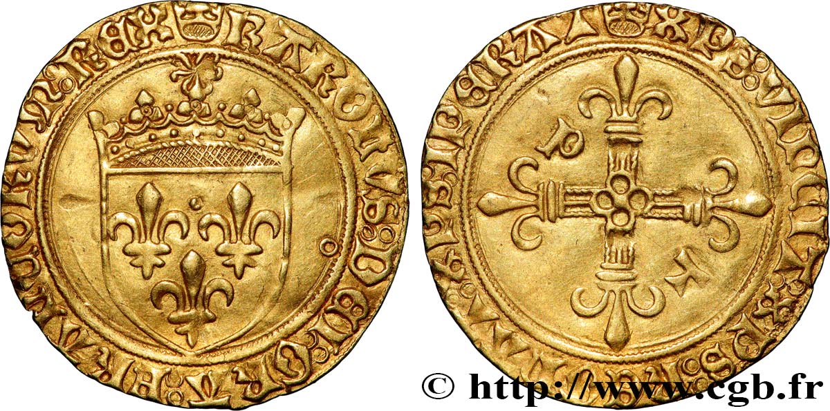 CHARLES VIII Écu d or au soleil, type spécial à la croix cantonnée de lettres n.d. Poitiers SUP