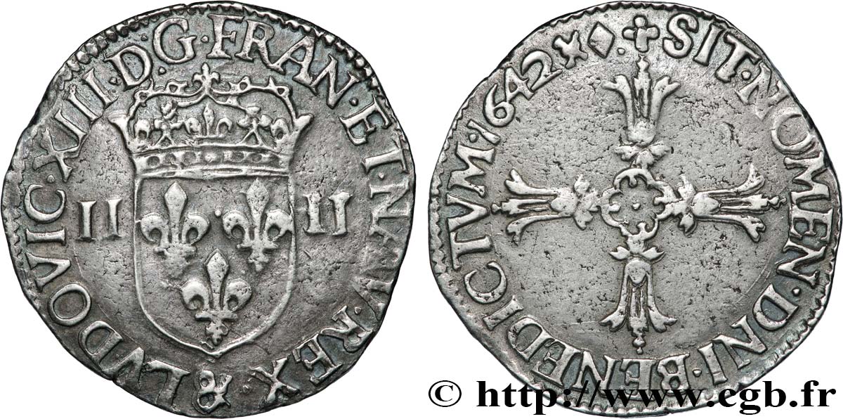 LOUIS XIII  Quart d écu, à la croix fleuronnée, titulature côté écu 1642 Aix-en-Provence BB