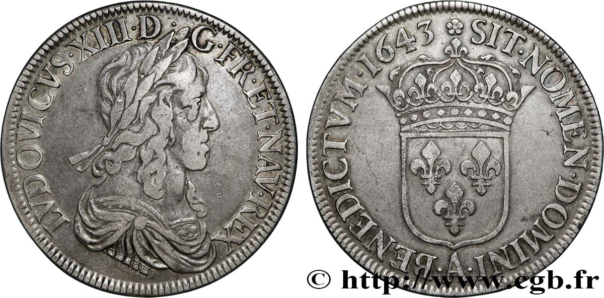 LOUIS XIII Écu, buste drapé et cuirassé (2e buste de Jean Warin) 1643 Paris, Monnaie de Matignon VF/XF