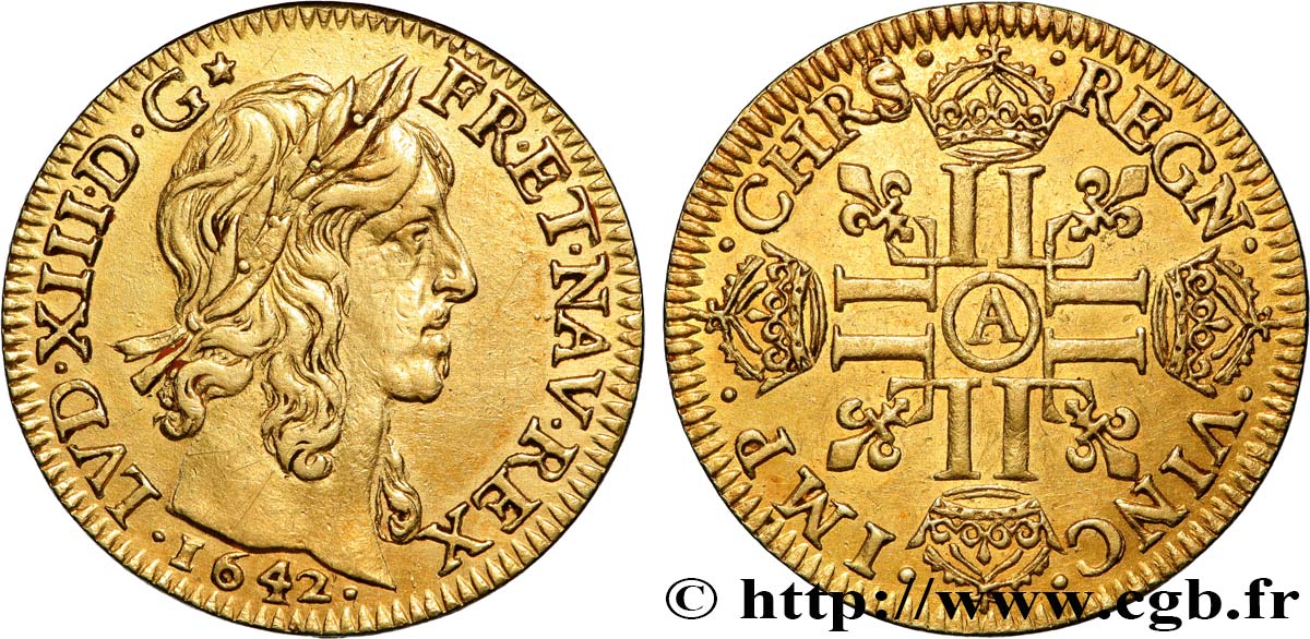 LOUIS XIII  Louis d or aux huit L (effigie de Jean Warin) 1642 Paris MBC/MBC+