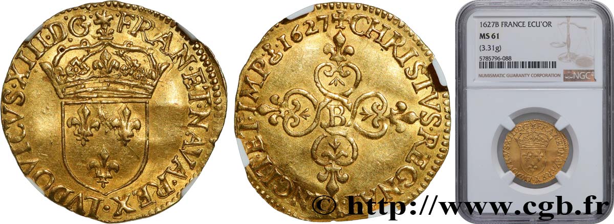 LOUIS XIII Écu d or au soleil, à la croix anillée fleurdelisée 1627 Rouen MS61