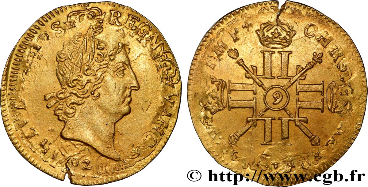 LOUIS XIV  THE SUN KING  Louis d’or aux huit L et aux insignes 1702 Rennes BB
