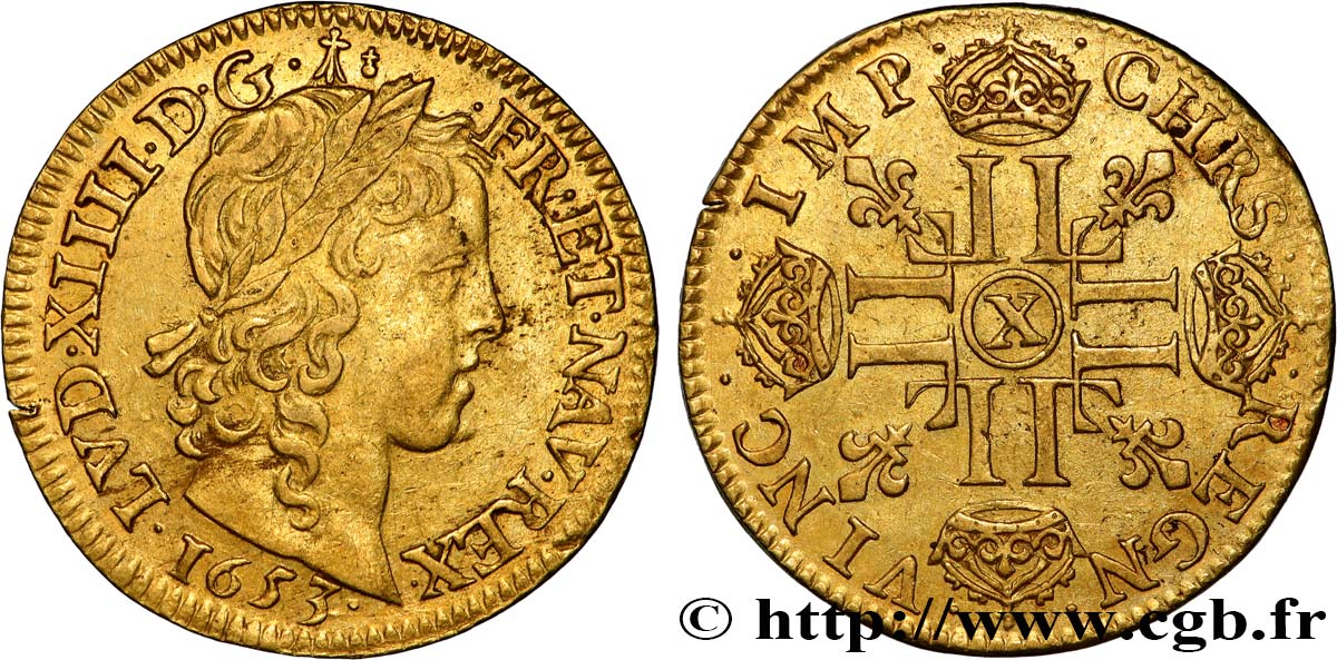 LOUIS XIV  THE SUN KING  Louis d’or aux huit L, portrait à la mèche longue 1653 Amiens XF