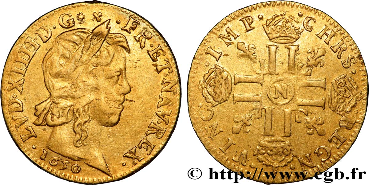 LOUIS XIV  THE SUN KING  Louis d’or aux huit L, portrait à la mèche longue 1650 Montpellier fSS
