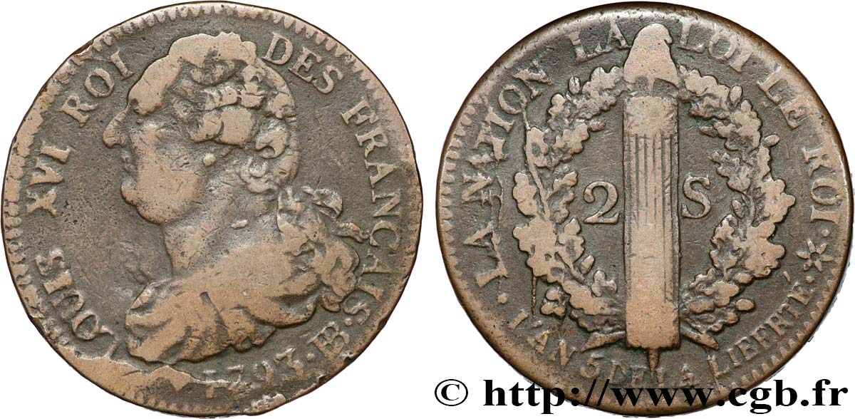 LOUIS XVI (MONARQUE CONSTITUTIONNEL) 2 sols dit au faisceau , type FRANÇAIS 1793 Strasbourg TB+
