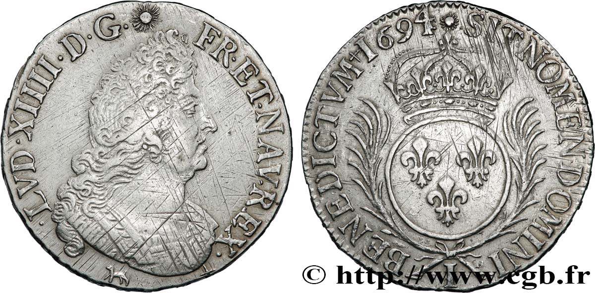 LOUIS XIV  THE SUN KING  Demi-écu aux palmes 1694 Limoges XF/AU