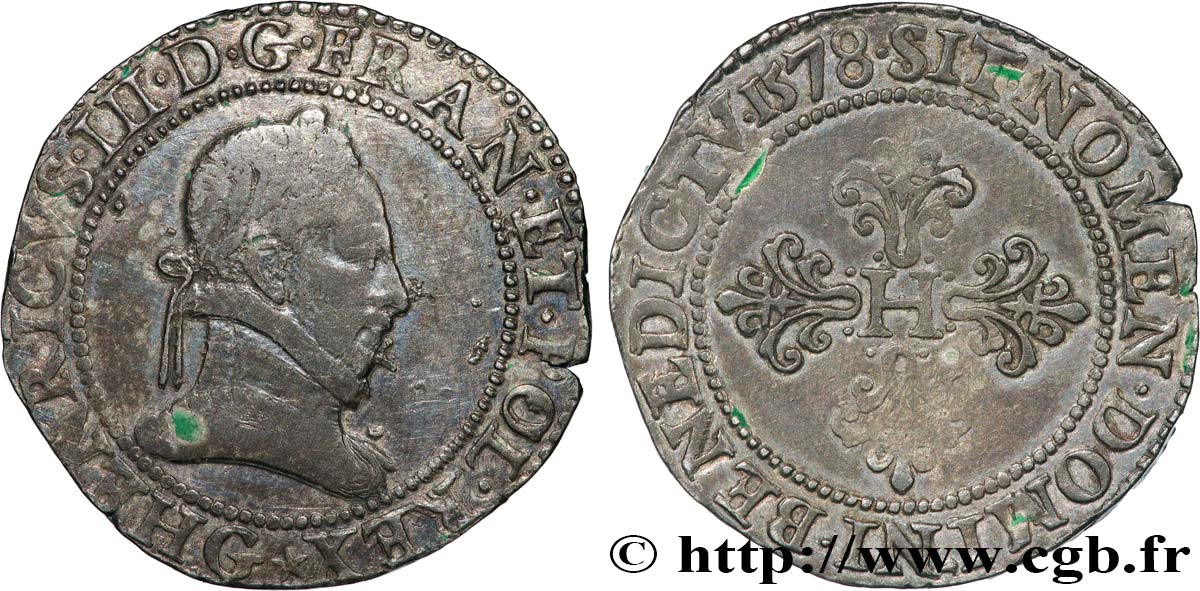HENRY III Franc au col plat 1578 Poitiers XF/AU