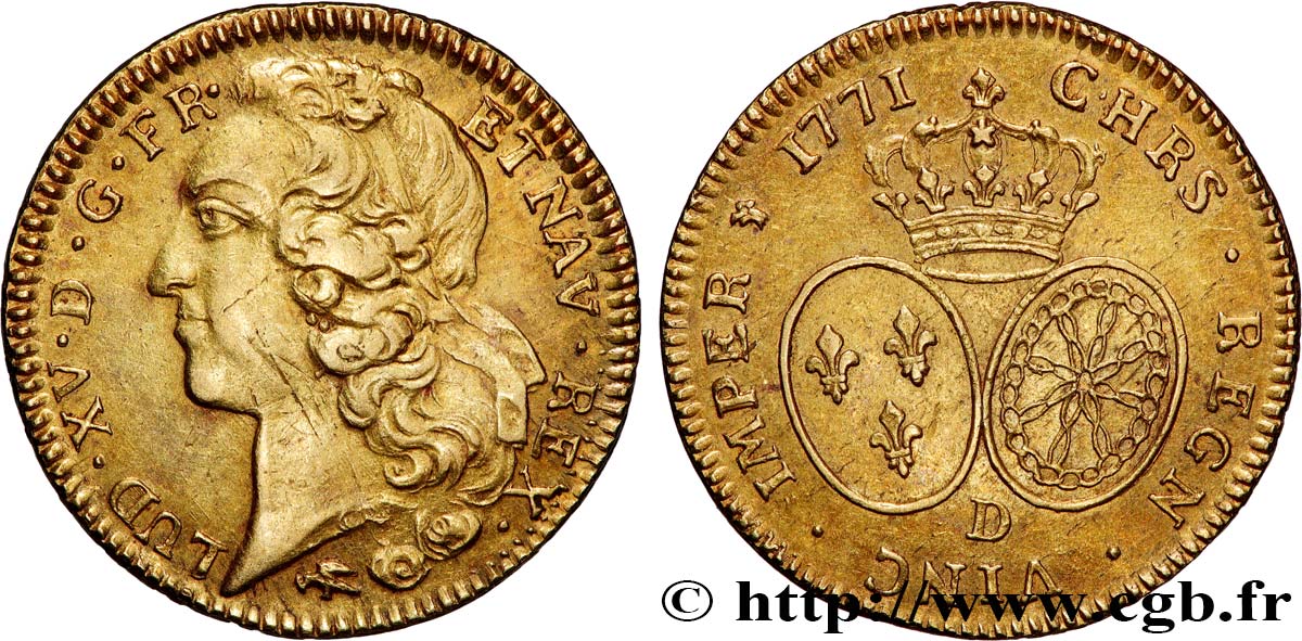 LOUIS XV  THE WELL-BELOVED  Double louis d’or aux écus ovales, tête ceinte d’un bandeau 1771 Lyon AU/AU