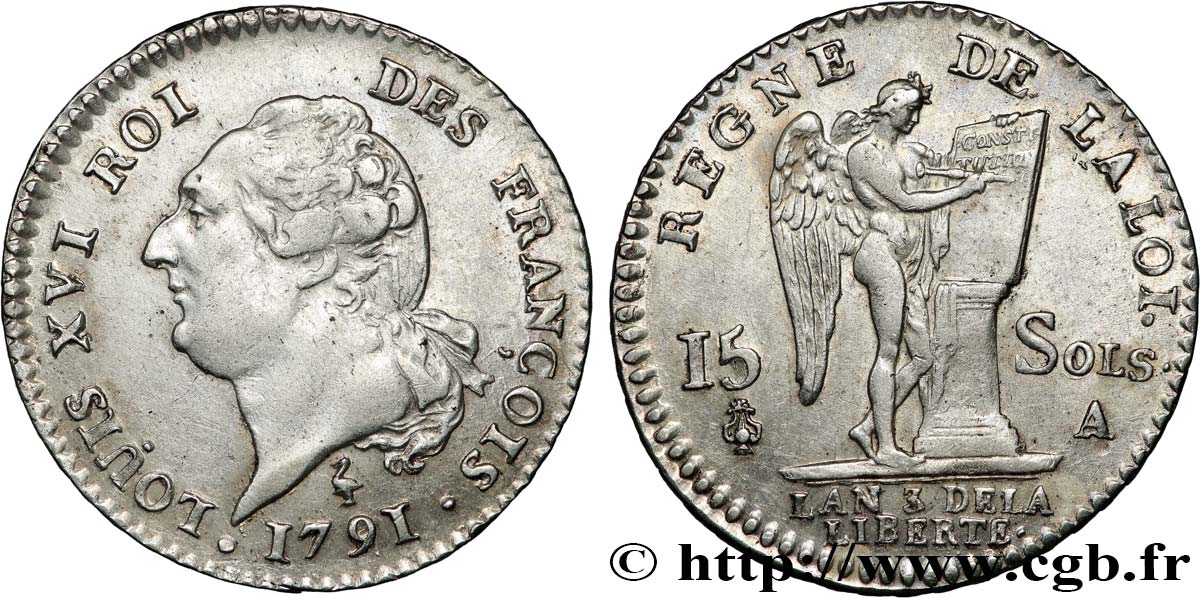 LOUIS XVI (MONARQUE CONSTITUTIONNEL) 15 sols dit au génie , type FRANÇOIS 1791 Paris TTB+