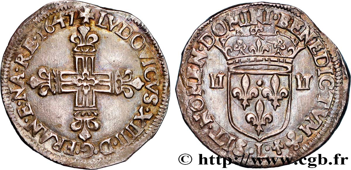 LOUIS XIV  THE SUN KING  Quart d écu, titulature côté croix 1647 Bayonne EBC