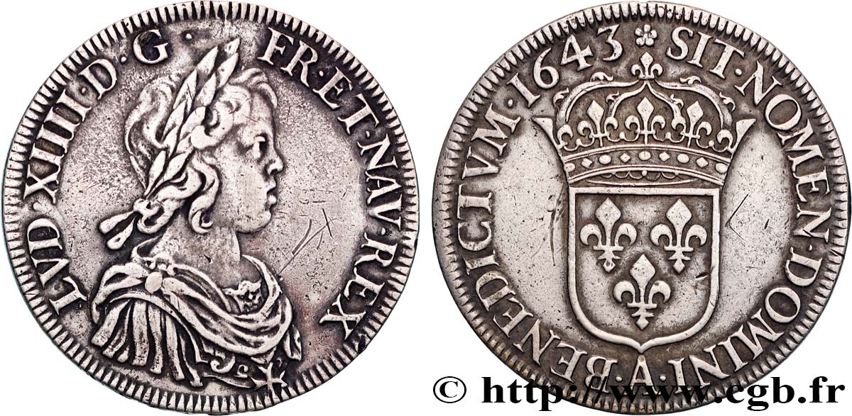 LOUIS XIV  THE SUN KING  Écu, portrait à la mèche courte 1643 Paris, Monnaie de Matignon MBC+