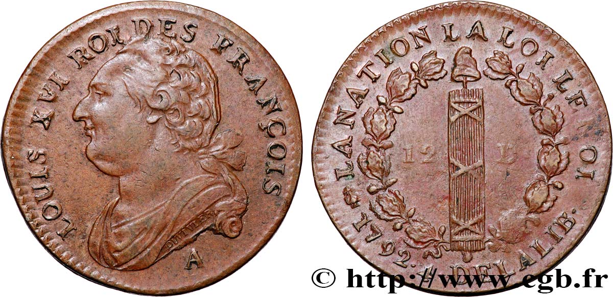LOUIS XVI 12 deniers dit au faisceau , type FRANÇOIS 1792 Paris XF