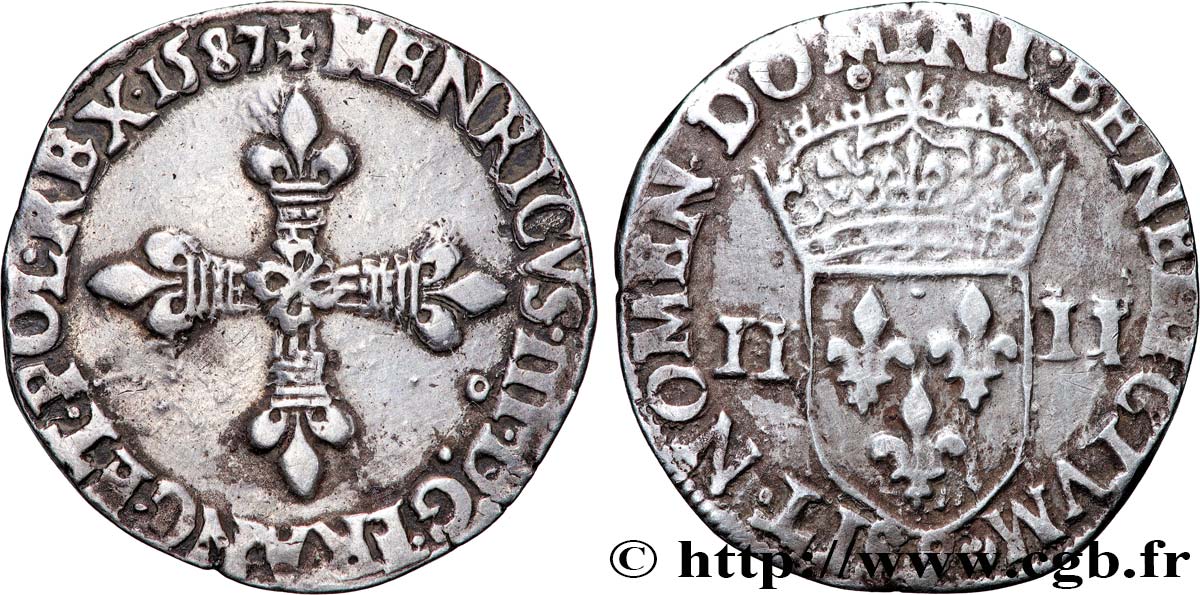 HENRY III Quart d écu, croix de face 1587 Rennes XF