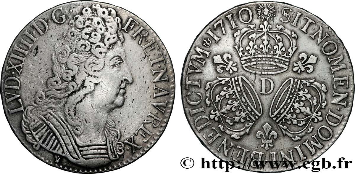LOUIS XIV  THE SUN KING  Écu aux trois couronnes 1710 Lyon SS/fVZ