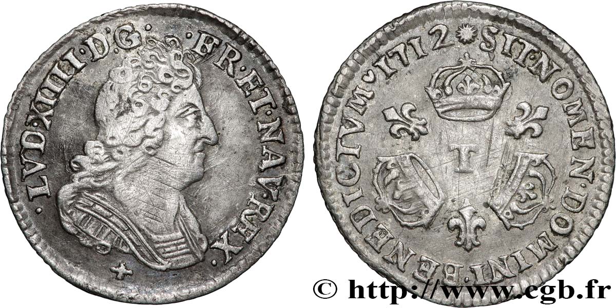 LOUIS XIV  THE SUN KING  Vingtième d écu aux trois couronnes 1712 Nantes VF/XF