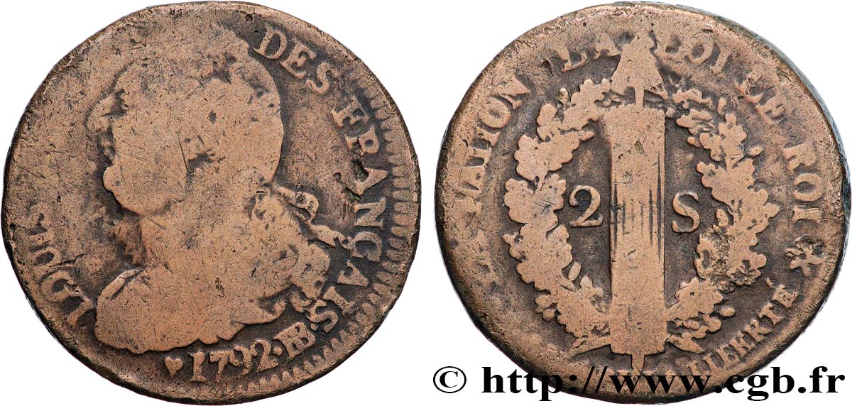 LOUIS XVI (MONARQUE CONSTITUTIONNEL) 2 sols dit au faisceau , type FRANÇAIS 1792 Strasbourg TB+