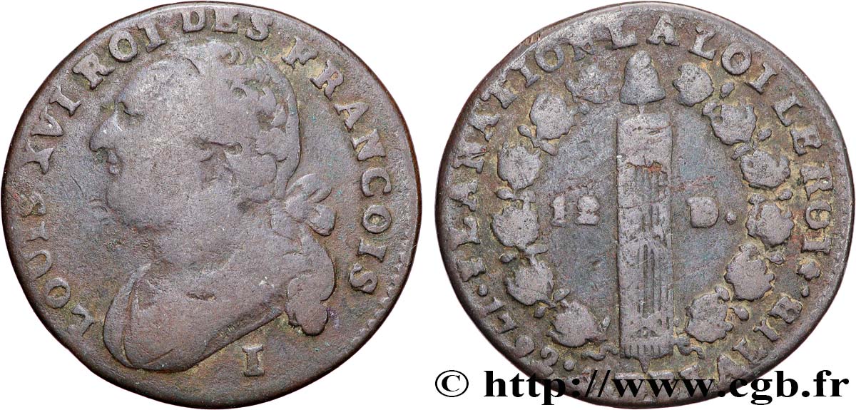 LOUIS XVI (MONARQUE CONSTITUTIONNEL) 12 deniers dit au faisceau , type FRANÇOIS 1792 Limoges TB