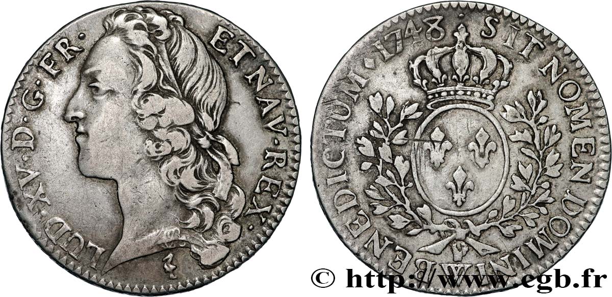 LOUIS XV  THE WELL-BELOVED  Demi-écu aux branches d’olivier, tête ceinte d’un bandeau 1748 Lille fSS/SS