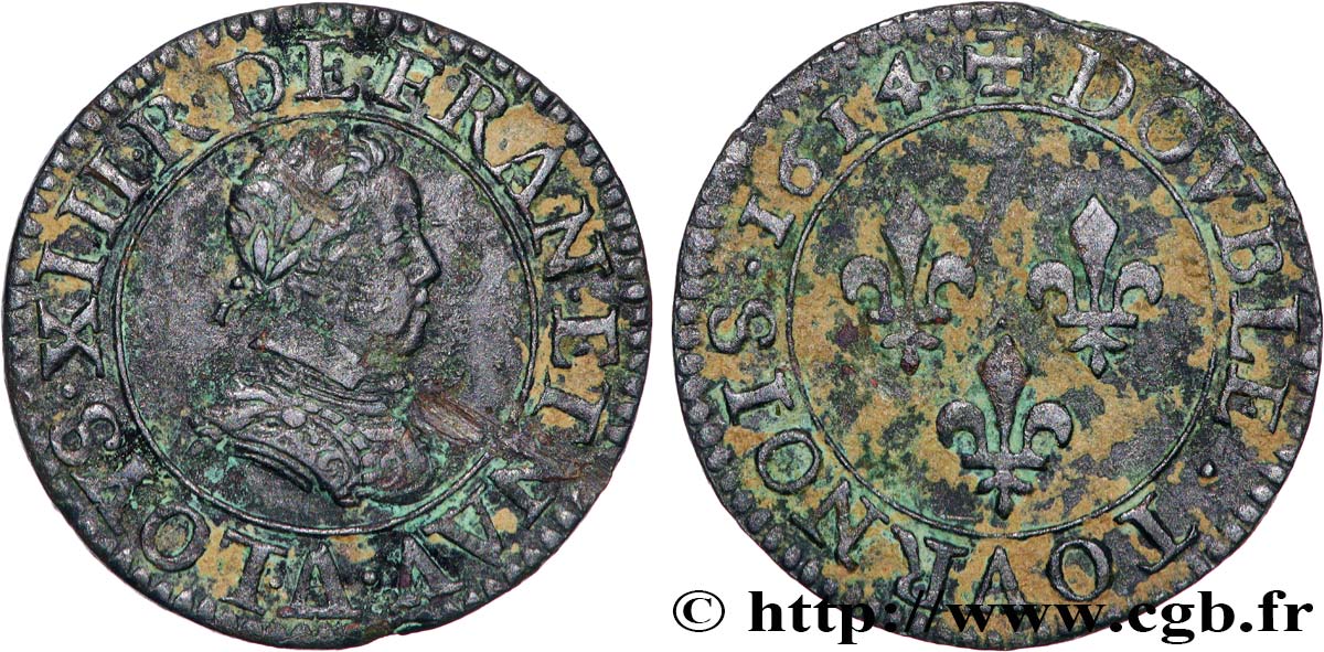 LOUIS XIII LE JUSTE Double tournois, type 1 1614 Paris, Moulin du Louvre TB+