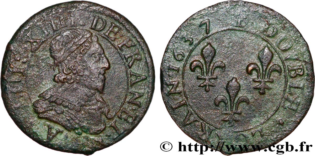 LOUIS XIII LE JUSTE Double lorrain, type 10 1637 Stenay TB+