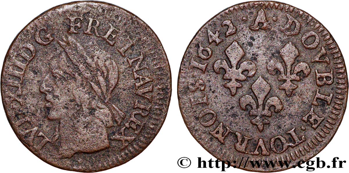 LOUIS XIII LE JUSTE Double tournois, type de Warin 1642 Corbeil TB+