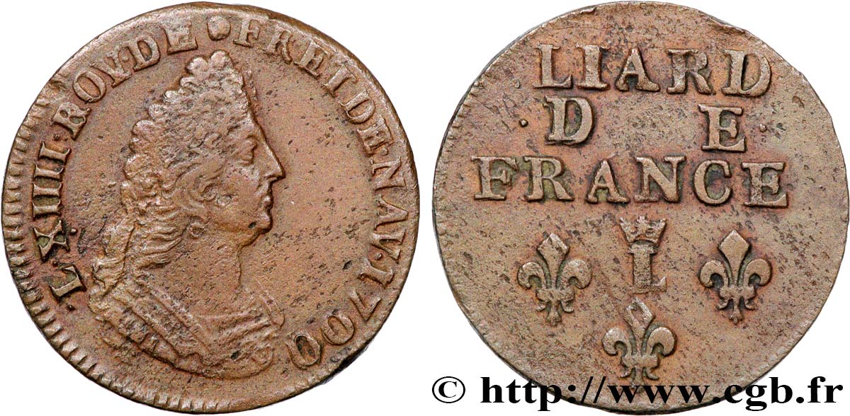 LOUIS XIV  THE SUN KING  Liard, 3e type, buste âgé 1700 Lille XF/VF