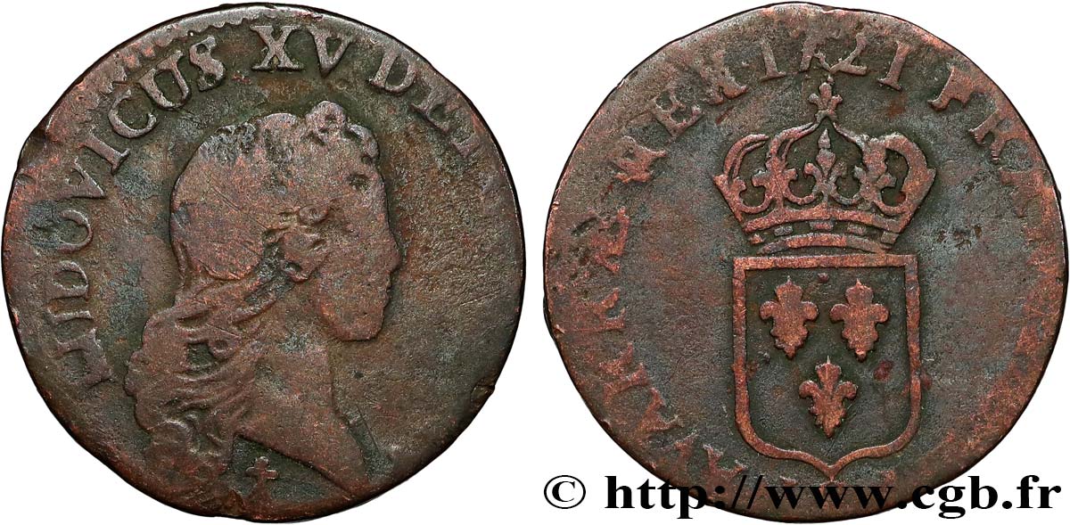 LOUIS XV DIT LE BIEN AIMÉ Liard au buste enfantin au buste du sixième d’écu de France 1721 Reims TB