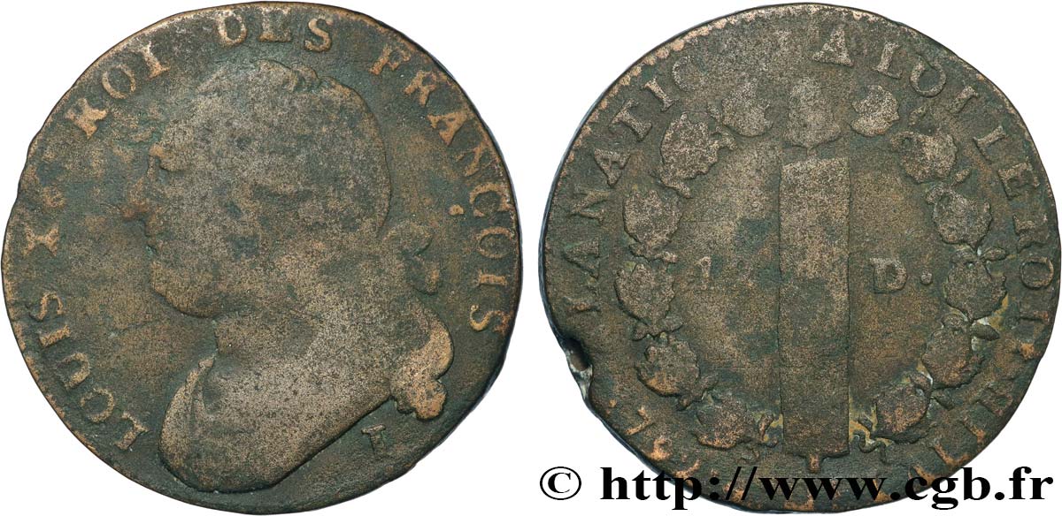 LOUIS XVI (MONARQUE CONSTITUTIONNEL) 12 deniers dit au faisceau , type FRANÇOIS 1792 Limoges TB