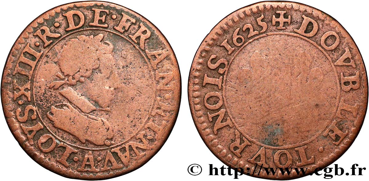 LOUIS XIII LE JUSTE Double tournois, type 2 de Paris 1625 Paris TB