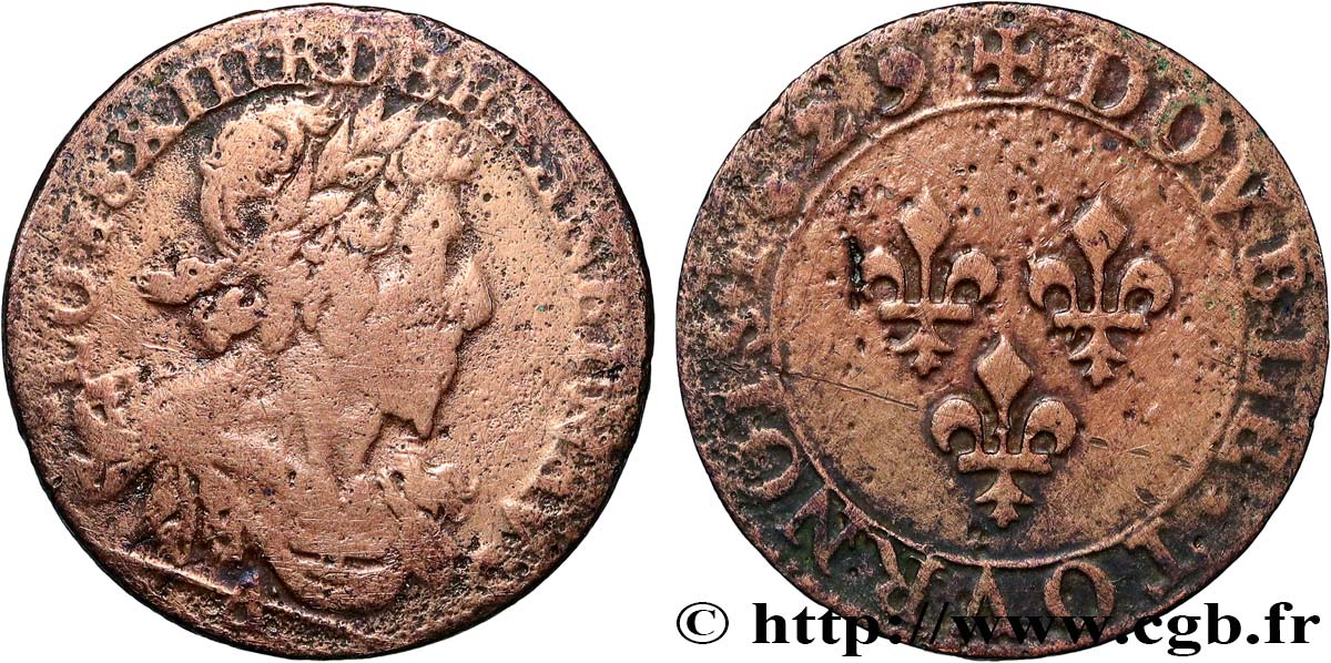 LOUIS XIII LE JUSTE Double tournois, type 7 1629 Paris TB