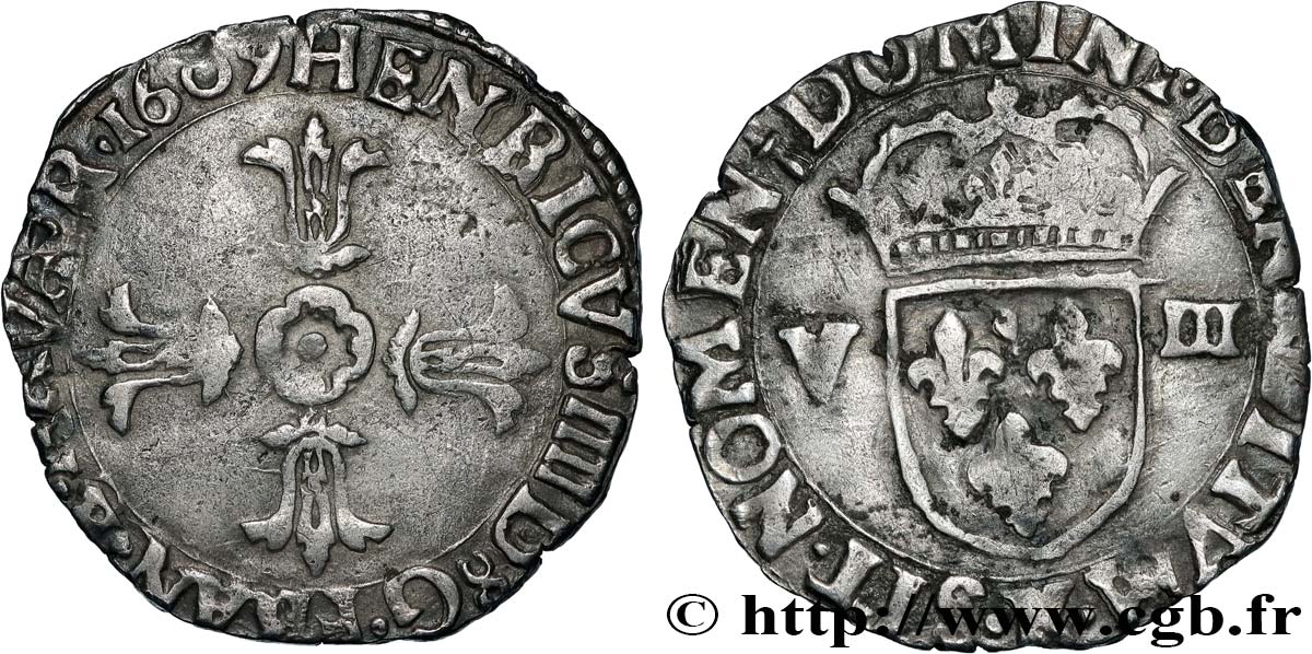 HENRI IV LE GRAND Huitième d écu, croix feuillue de face 1609 Bordeaux TTB