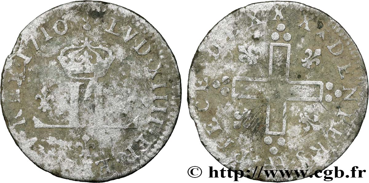 LOUIS XIV LE GRAND OU LE ROI SOLEIL XXX deniers aux 2 L couronnées 1710 Metz TB