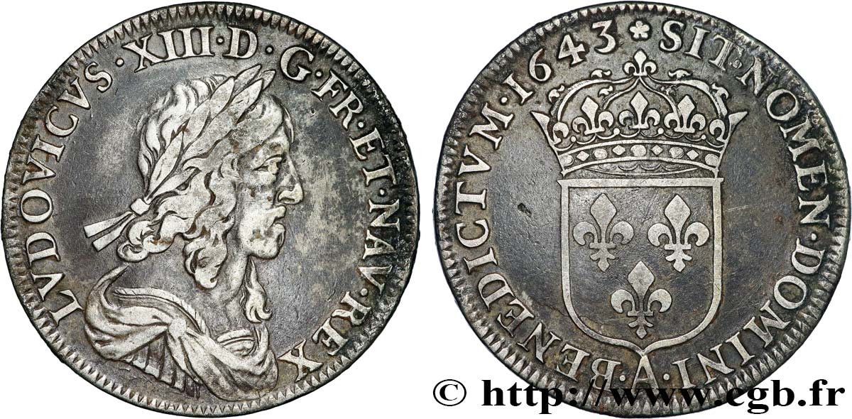 LOUIS XIII LE JUSTE Demi-écu, buste drapé et cuirassé (2e buste de Jean Warin) 1643 Paris, Monnaie de Matignon TB+