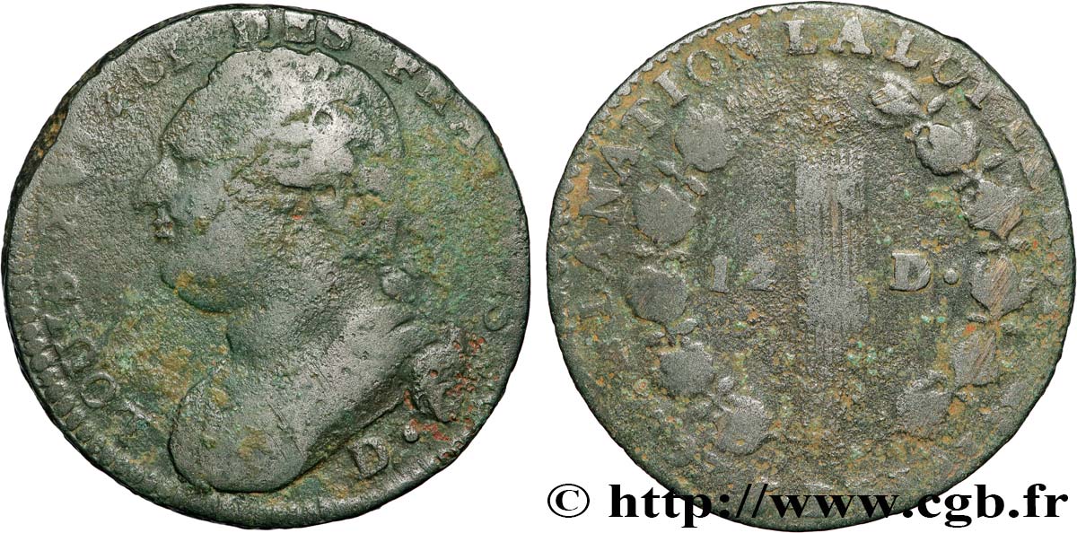 CONVENZIONE NAZIONALE 12 deniers dit au faisceau , type FRANCOIS 1793 Dijon MB