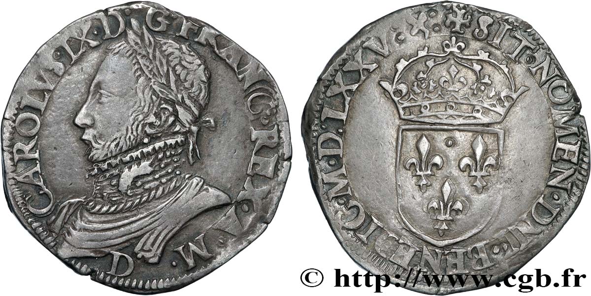 HENRI III. MONNAYAGE AU NOM DE CHARLES IX Teston, 11e type 1575 (MDLXXV) Lyon TTB+