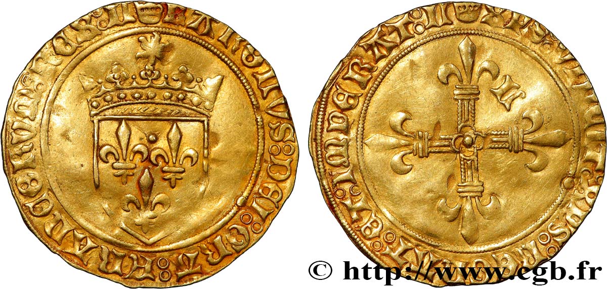 CHARLES VIII Écu d or au soleil, type spécial à la croix cantonnée de lettres n.d. Limoges AU