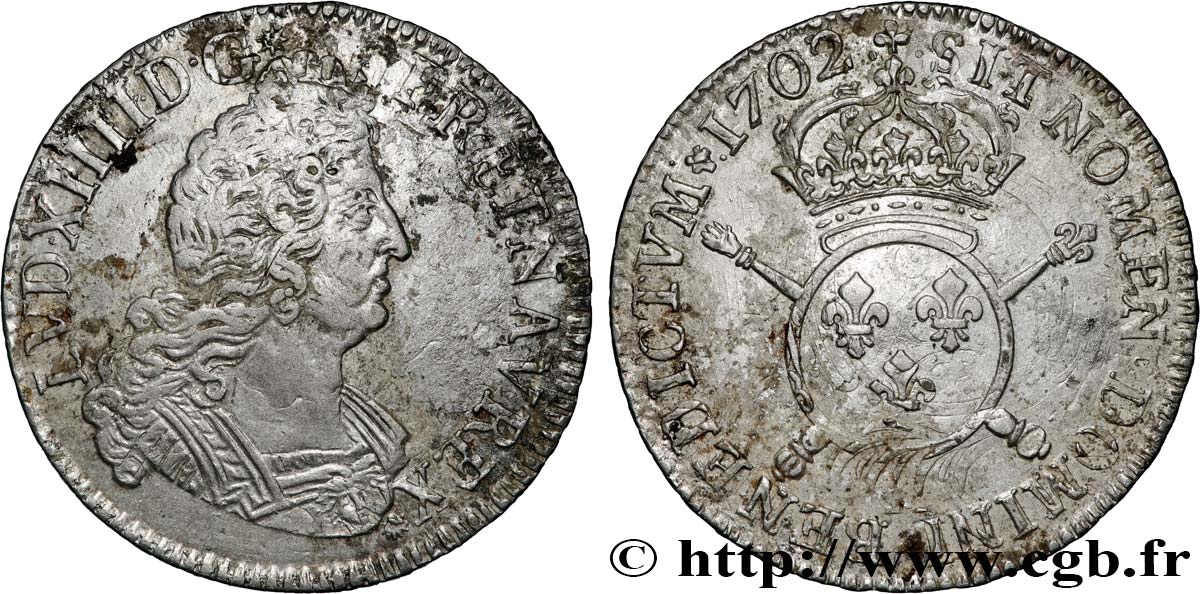 LOUIS XIV  THE SUN KING  Demi-écu aux insignes 1702 Paris SS