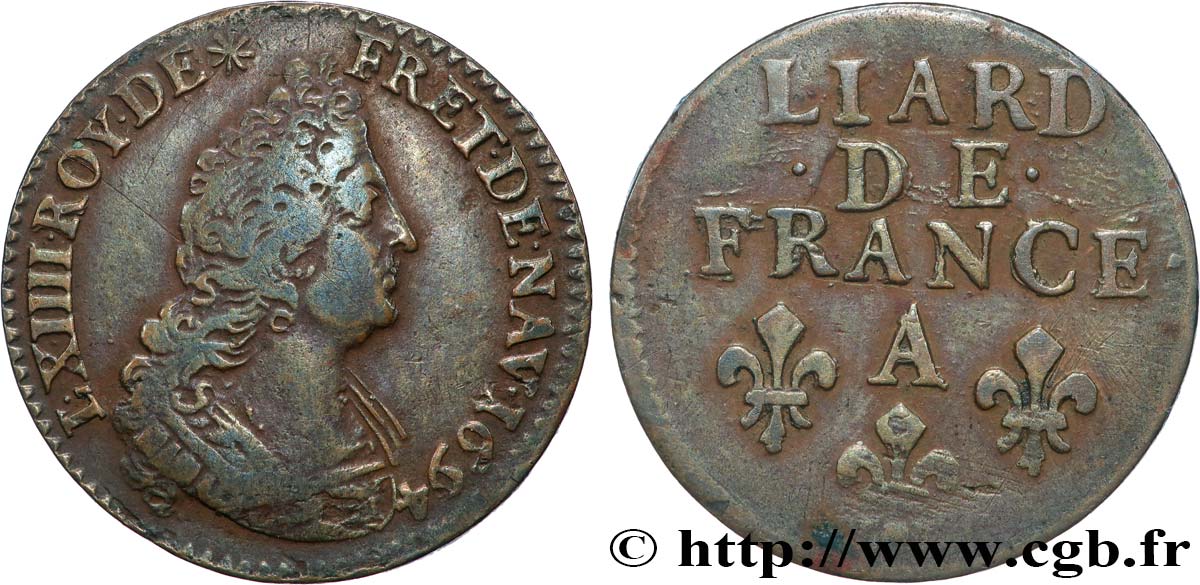 LOUIS XIV  THE SUN KING  Liard, 3e type, buste âgé 1694 Paris BB/q.SPL