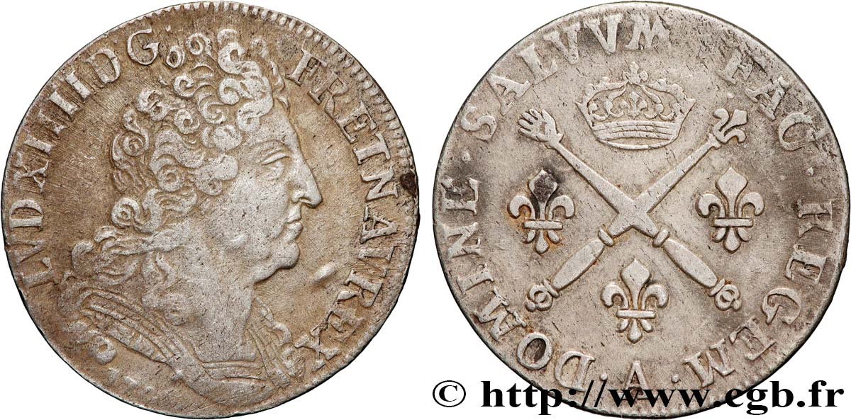 LOUIS XIV  THE SUN KING  20 sols aux insignes 1708 Paris BC+