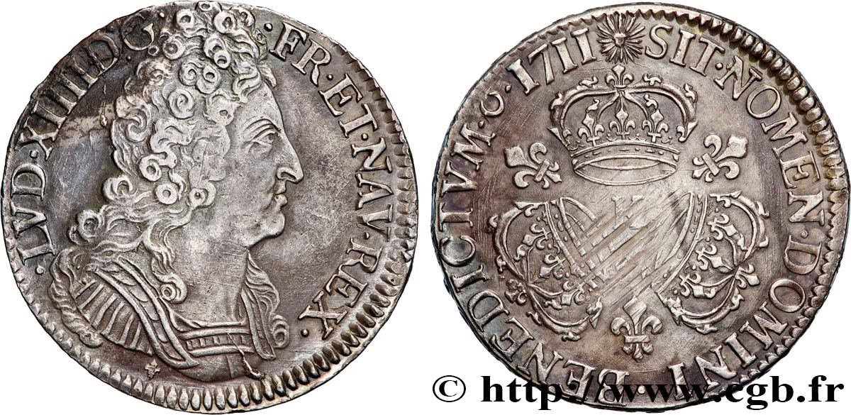 LOUIS XIV  THE SUN KING  Écu aux trois couronnes 1711 Bordeaux AU/AU