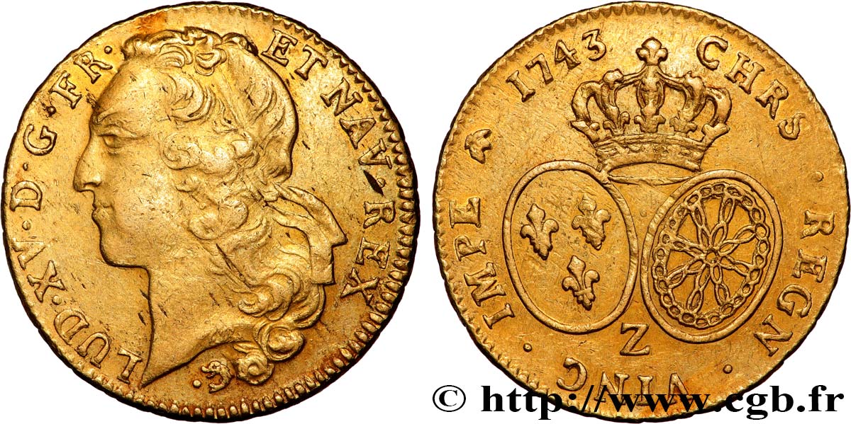 LOUIS XV  THE WELL-BELOVED  Double louis d’or aux écus ovales, tête ceinte d’un bandeau 1743 Grenoble XF/AU