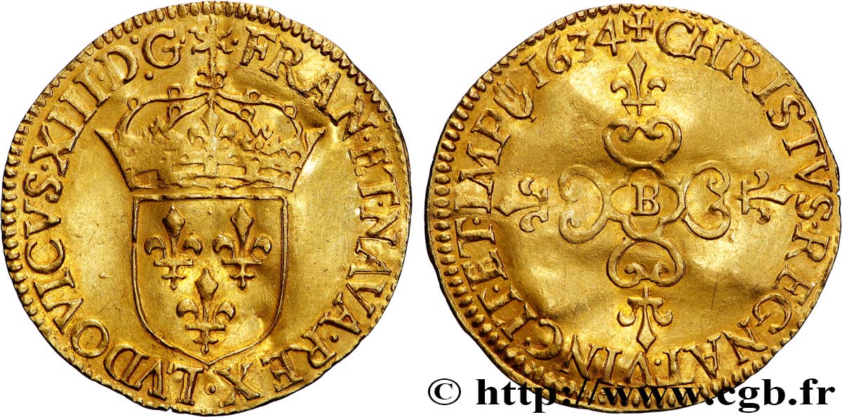 LOUIS XIII  Écu d or au soleil, à la croix anillée fleurdelisée 1634 Rouen MBC