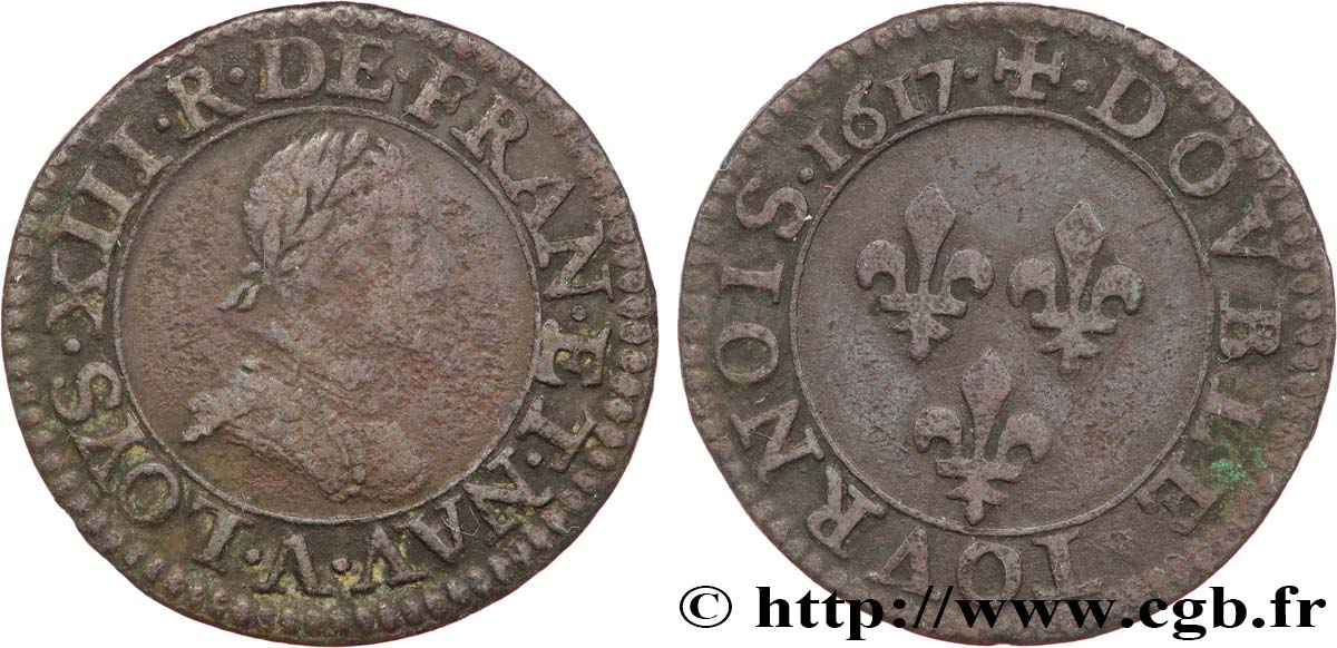 LOUIS XIII LE JUSTE Double tournois, type 1 1617 Paris, Moulin du Louvre TB+