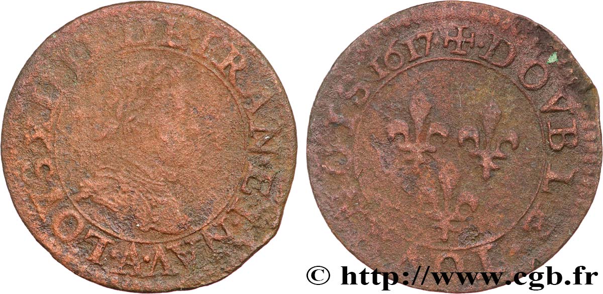 LOUIS XIII LE JUSTE Double tournois, type 1 1617 Paris, Moulin du Louvre TB+