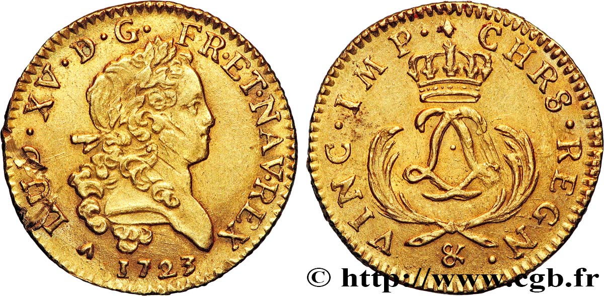 LOUIS XV  THE WELL-BELOVED  Louis d or aux deux L entrelacées et aux palmes courtes 1723 Aix-en-Provence q.SPL