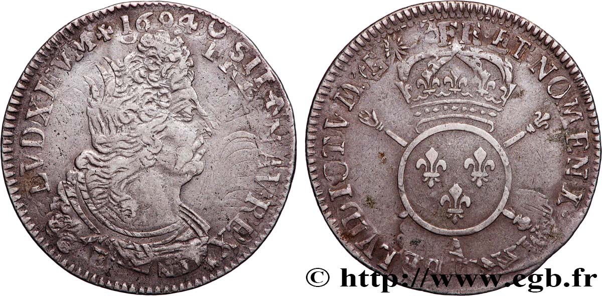 LOUIS XIV  THE SUN KING  Quart d écu aux insignes 1703 Paris MBC